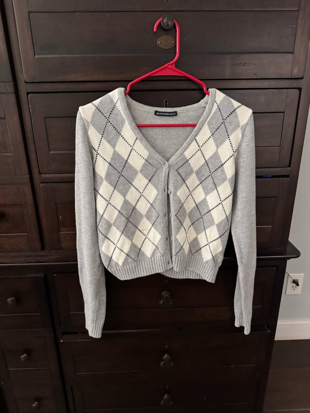 Brandy Melville Light Gray and Cream Argyle V-Neck Cardigan